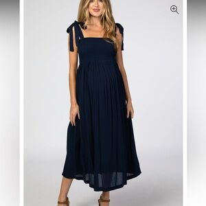 Pink Blush Maternity Smocked Tie Strap Midi Dress size Large Navy